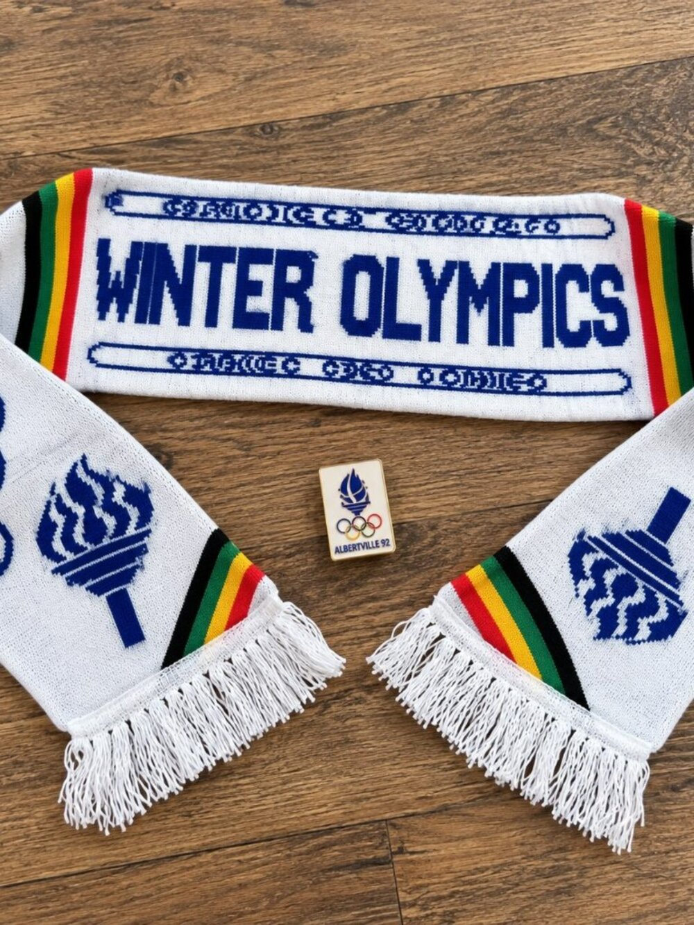 Vintage 1992 Albertville France Winter Olympics Scarf w/ 1991 COJO Olympic Pin